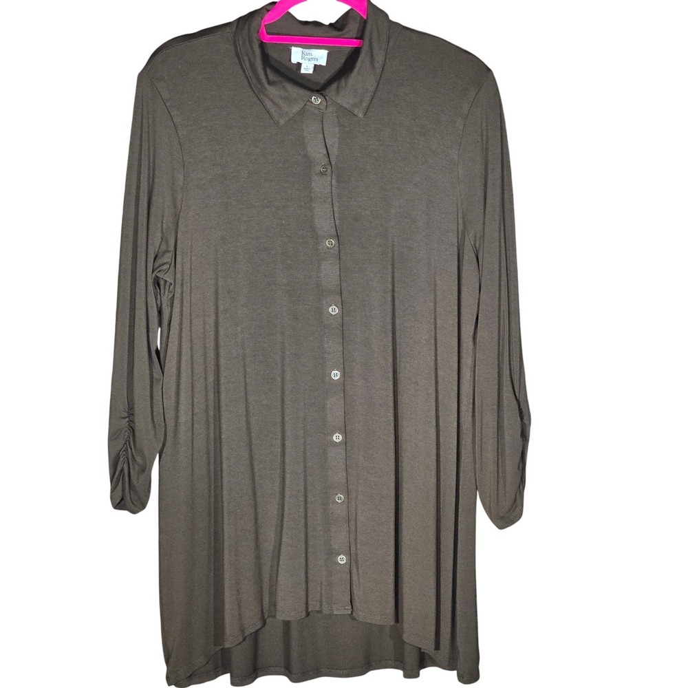 Kim Rogers Tunic Shirt Large Brown Viscose Spandex Ruched Sleeve Button Up‎ Soft